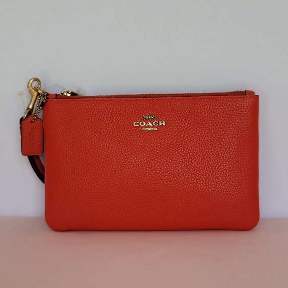 COACH Small Wristlet in Polished Pebbled Leather -Red Orange - Picture 6 of 16